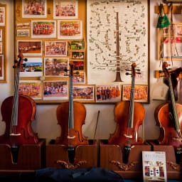 Cellos leaning against wall