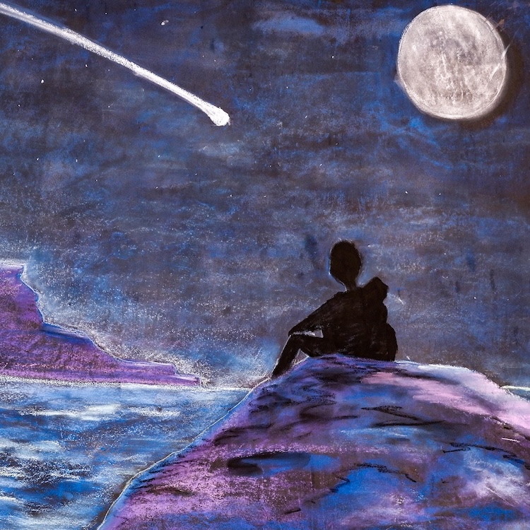 chalk art of child sitting on rock watching a comet