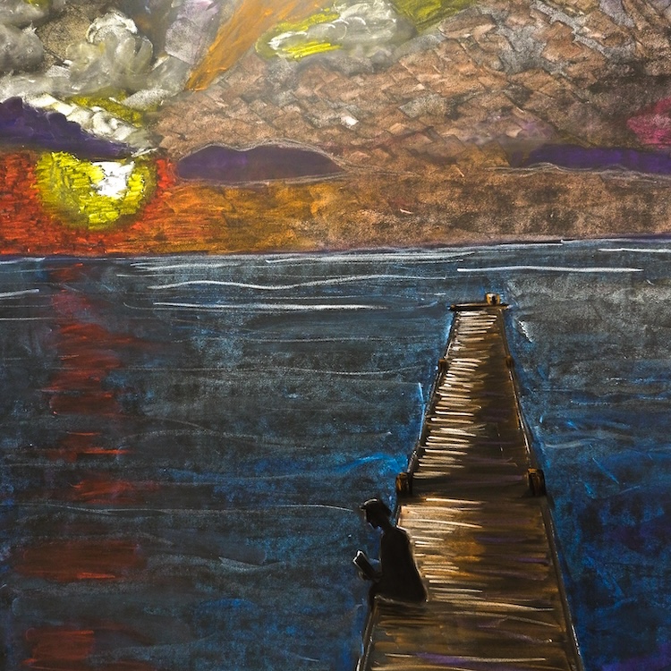 Chalk art of the sunsetting over a lake with a wooden dock