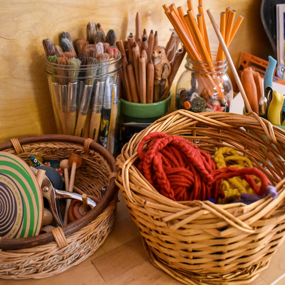 Craft supplies on a shelf