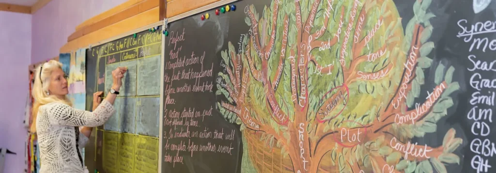 Teacher drawing on chalkboard