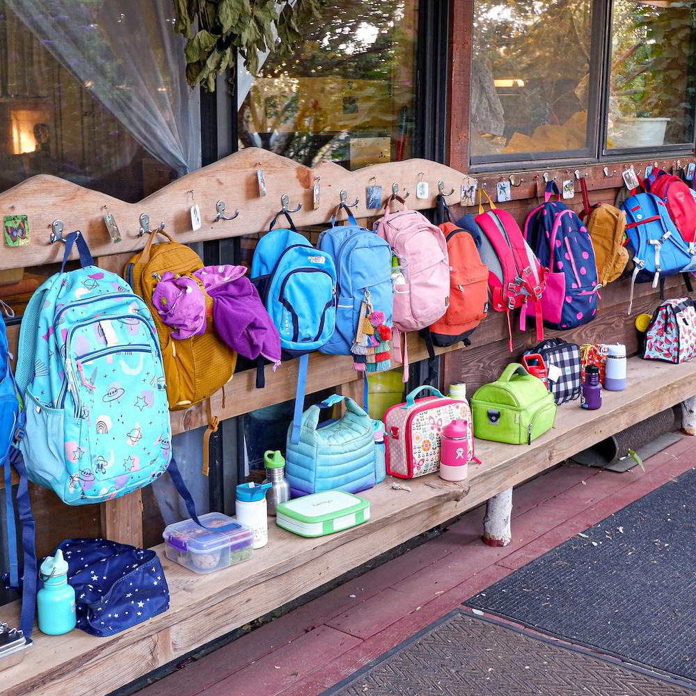 backpacks hanging in a row outside