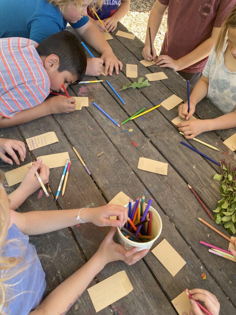 Children writing with pencils on a table outside